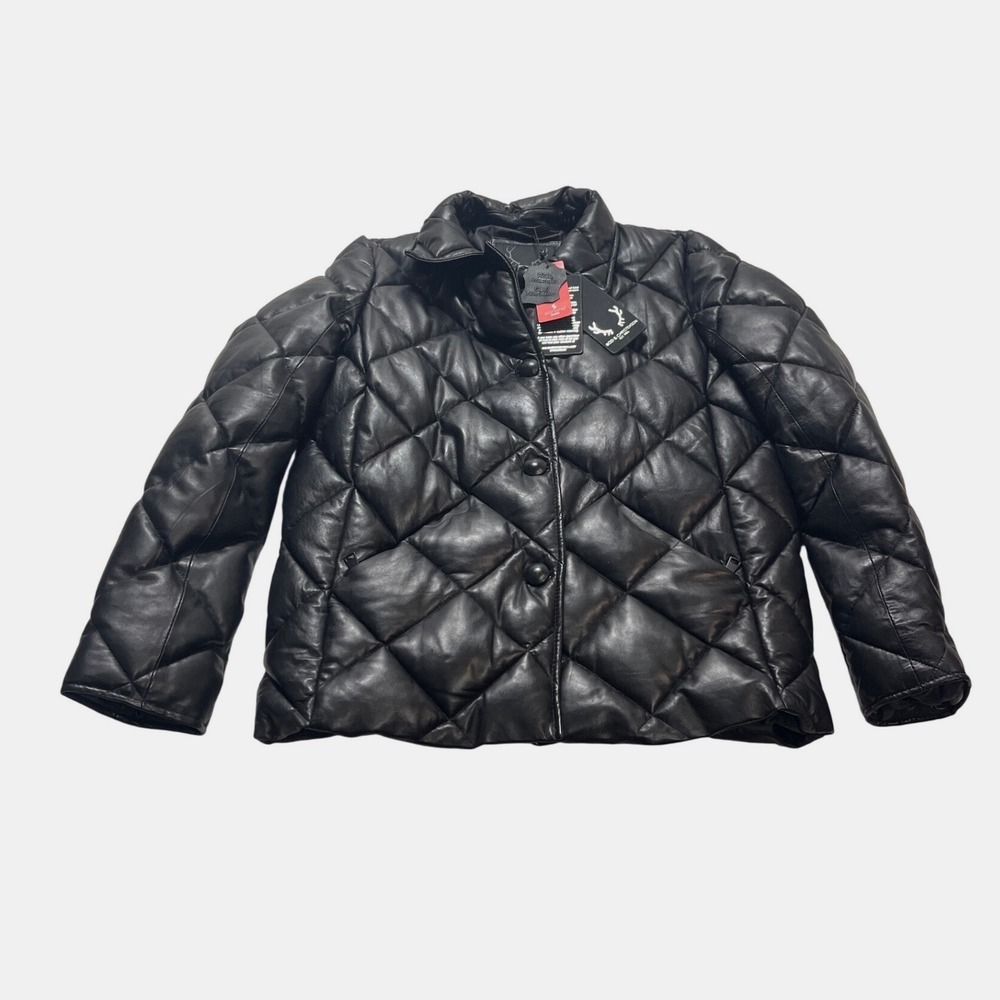 Bod & Christensen Womens Black Quilted Genuine Leather Puffer Jacket Small NWT‎